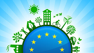 EU-Logo mit Illustrationen aus den Bereichen Umwelt-, Natur- und Klimaschutz