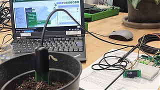 Ein Sensor steckt in einem Blumentopf und leitet Daten an einem Laptop weiter.