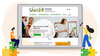 zwei Figuren halten ein Tablet, auf welchem die neue KI-Ideenwerkstatt-Website zu sehen ist