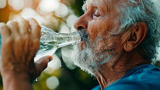 älterer Mann trinkt Wasser aus einer Flasche