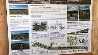 Informationswand mit Texten, Fotos und Zeichnungen zur Umgestaltung eines Seegrabens, darunter Luftaufnahme, Landschaftsfotos und schematische Karten.