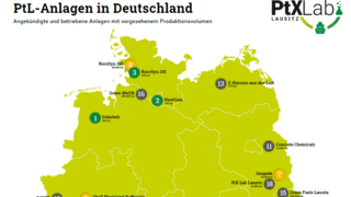 Eine Karte zeigt die obere Hälfte Deutschlands, auf der der angekündigte und betriebene PtL-Anlagen sowie deren Produktionsvolumen zu sehen sindener PtL-