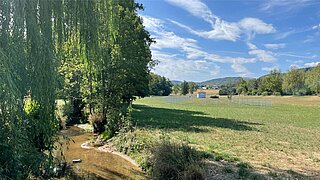 Ein Bach, daneben Bäume und eine Grünfläche, auf der ein Trafohäuschen steht