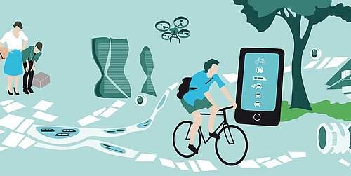 Illustration mit Motiven zur Mobilität wie Fahrrad und Gehweg