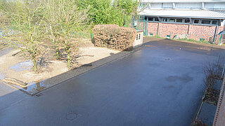 Asphaltierter Schulhof und Gebäude der Eichendorff-Schule in Meerbusch