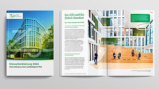 Blick auf das Cover und zwei Innenseiten der ZUG Umwwelterklärung 2024