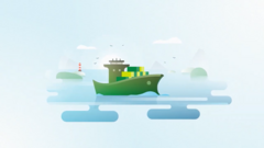 Illustration in 2D eines Frachtschiffes auf dem Meer, Vögel und Wolken.