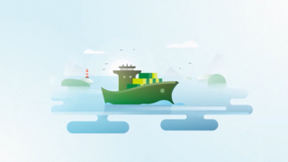 Illustration in 2D eines Frachtschiffes auf dem Meer, Vögel und Wolken.