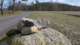 Steine vor einem Radweg in ländlicher Umgebung