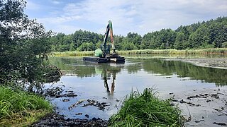 Bagger mit langem Ausleger steht auf einer Plattform im Wasser eines Teichs, umgeben von Bäumen und Gras