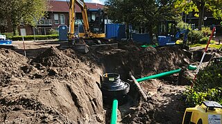 Eine Baustelle zeigt Erdarbeiten und Rohrverlegung. Im Hintergrund steht ein Bagger