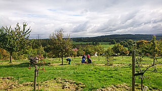 Menschen auf einer Streuobstwiese