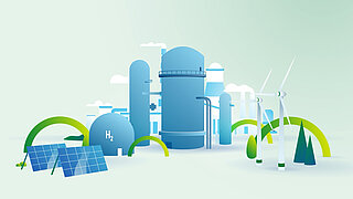 Illustration in 2D einer Fabrik mit Türmen, Speicher, qualmenden Schornsteinen, Windräder und Solarzellen.