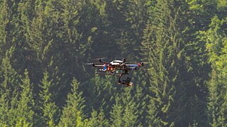 Das Bild zeigt eine Drohne, die über einen Wald mit Nadelbäumen fliegt.