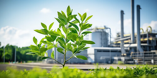 Junger Baum vor Industrieanlage