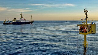 Das Bild zeigt eine Meeresfläche, im Vordergrund eine Messstation mit Personen, im Hintergrund ein Forschungsschiff