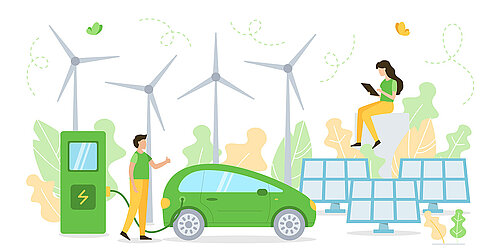 Symbolbild für Künstliche Intelligenz: Zeichnung eine Elektroautos, im Hintergrund Windräder und Solarmodule; eine Frau nutzt ein Handy