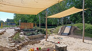 Ein Sandspielplatz mit Rutsche und Buddelsachen mit zwei Sonnensegeln 