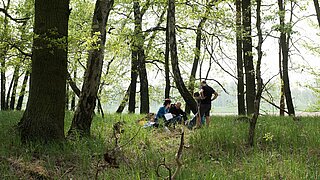 Menschen im Wald untersuchen den Boden