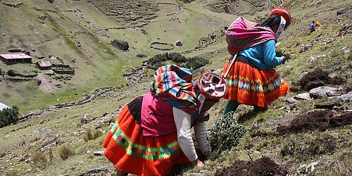 Two indigenous women in traditional clothing are climbing up a hill.