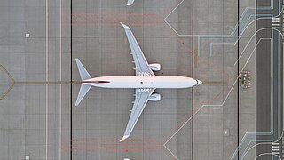 Luftaufnahme eines Flugzeugs auf dem Rollfeld.