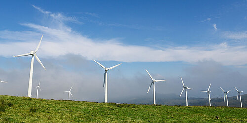 Viele Windräder stehen auf einer Fläche vor wolkigem Himmel 