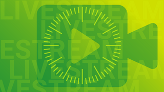 Zeichnung einer Videokamera mit "Play"-Button und einem Ziffernblatt als Symbolbild für einen Video-Livestream