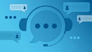 Mehrere Zeichnungen von Sprechblasen und ein Kopfhörer als Symbolbild für einen Live-Chat