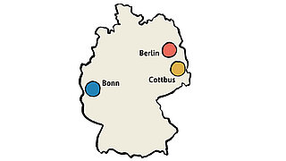 Eine Deutschlandkarte mit drei markierten Städten.