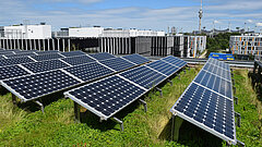 Solaranlagen auf begrüntem Flachdach vor modernen Bürogebäuden und Fernsehturm im Hintergrund