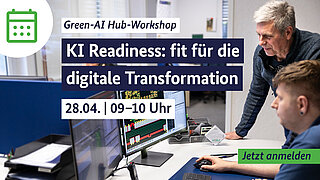 Sharepic für eine Veranstaltung, man sieht den Termin und zwei Personen, die auf einen Bildschirm schauen