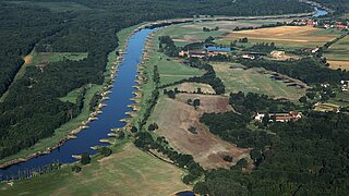 Luftaufnahme der Oder mit Wiesen, Wäldern und Dörfern
