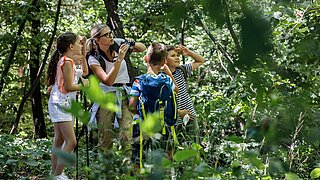 Eine Gruppe Kinder erkundet mit einer Erwachsenen einen Wald