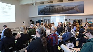 Several people are sitting on chairs in a room and watching a presentation that is visible on the wall.