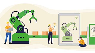 Eine Illustration mit Maschinen und in der Industrie arbeitenden Menschen