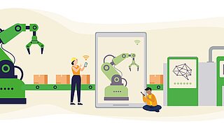 Eine Illustration mit Maschinen und in der Industrie arbeitenden Menschen