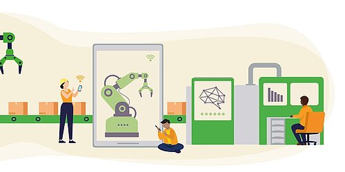 Eine Illustration mit Maschinen und in der Industrie arbeitenden Menschen