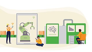 Eine Illustration mit Maschinen und in der Industrie arbeitenden Menschen