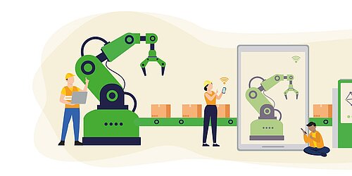 Eine Illustration mit Maschinen und in der Industrie arbeitenden Menschen