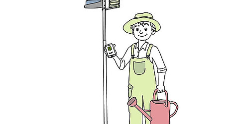 Zeichnung eines Gärtners mit Gießkanne und Smartphone in den Händen