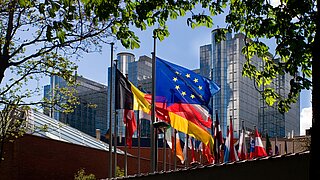 Mehrere Flaggen, die vor einem großen Gebäude wehen. Links und rechts sind Bäume.