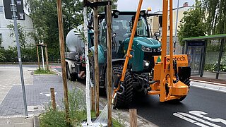 Eine Traktor mit Wasserwagen fährt vor einem Baum, um ihn zu bewässern.