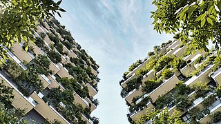 Zwei begrünte Gebäude vor blauem Himmel