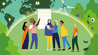 Menschen vor einem grünen Hintergrund mit Weltkarte