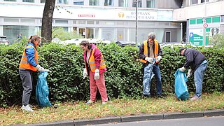 Vier Personen sammeln Müll auf einer Grünfläche