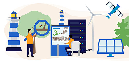 Illustration mit Leuchttürmen, Windrad und Menschen