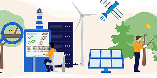 Illustration mit Leuchttürmen, Windrad und Menschen